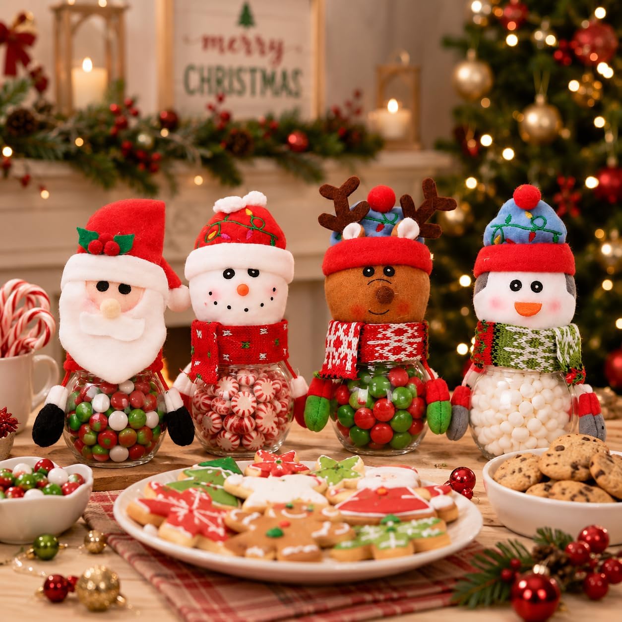LUOZZY 4pcs Christmas Candy Jars Xmas Cookie Treat Jar Christmas Clear Gift Container Jar Santa Claus Snowman Elk Penguin Plastic Chocolate Storage Jar for Xmas Holiday Decoration