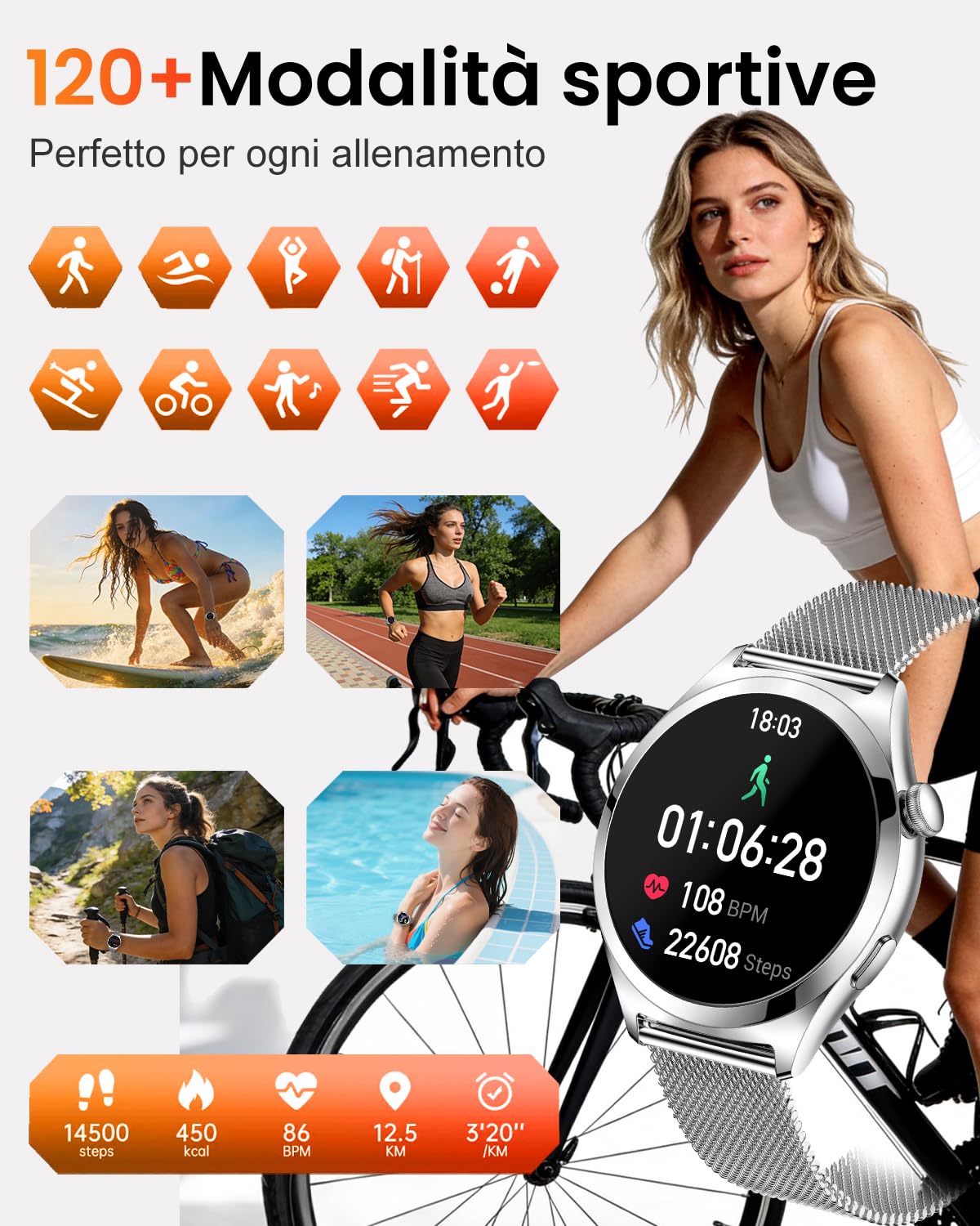 Smartwatch Donna Rotondo con Chiamate, Display Curvo HD da 1,27", Monitor Frequenza Cardiaca SpO2 Sonno, 120+ Modalità Sport, Impermeabile IP68, Smart Watch Donna per Android iOS (Argento)