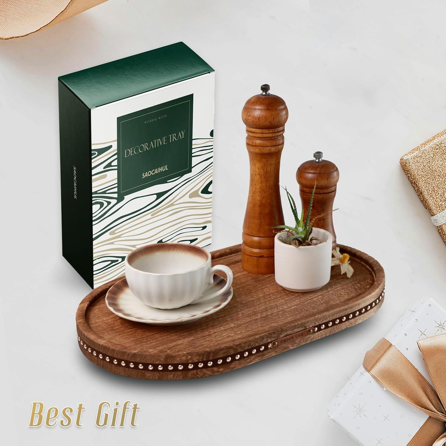 Decor Decorative Round Tray 11.81in for Home Decor for Coffee Table Farmhouse Kitchen Table Living Room Bathroom Centerpiece Tray Decor Oval Rustic