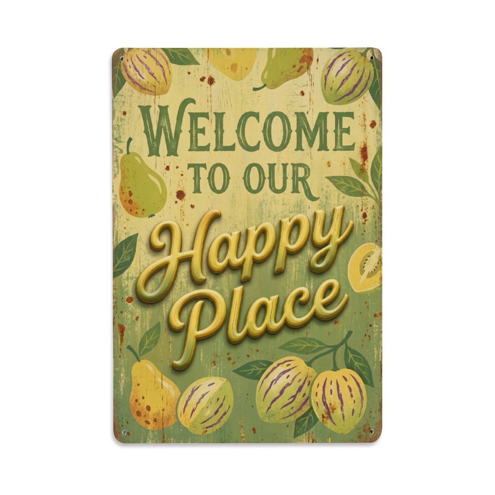 Welcome To Our Happy Place Pepino Garden Metal Tin Sign Plaque Wall Decor for Cafe, Club Bar, Office, Home Garden Metal Poster 8x12Inch