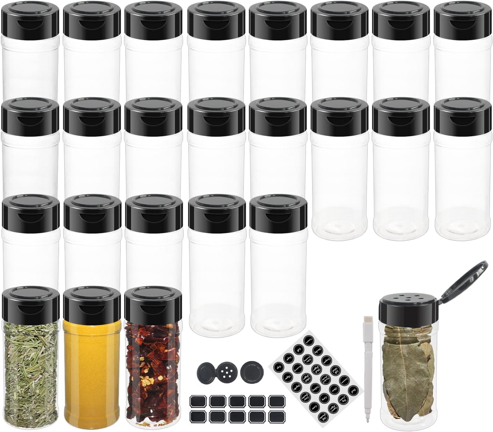 BPFY 24 Pack 3oz Clear Plastic Spice Jars With Black Plastic Lids, Round Spic...