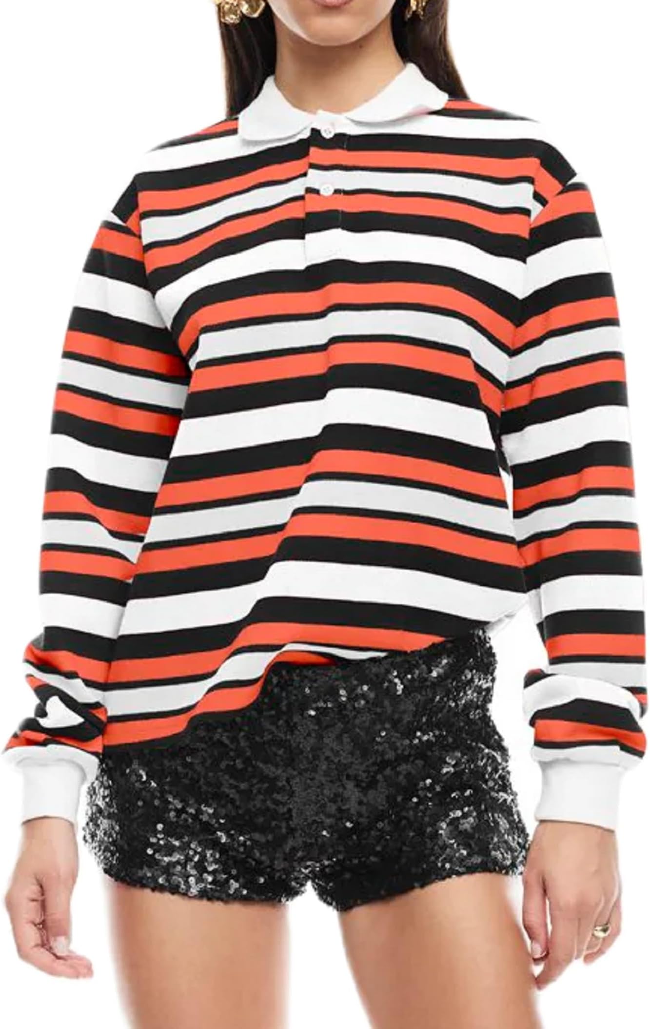 Women Striped Rugby Shirt Long Sleeve Polo Shirts Collared Sweatshirt Teens Girls Preppy Pullover Sweaters