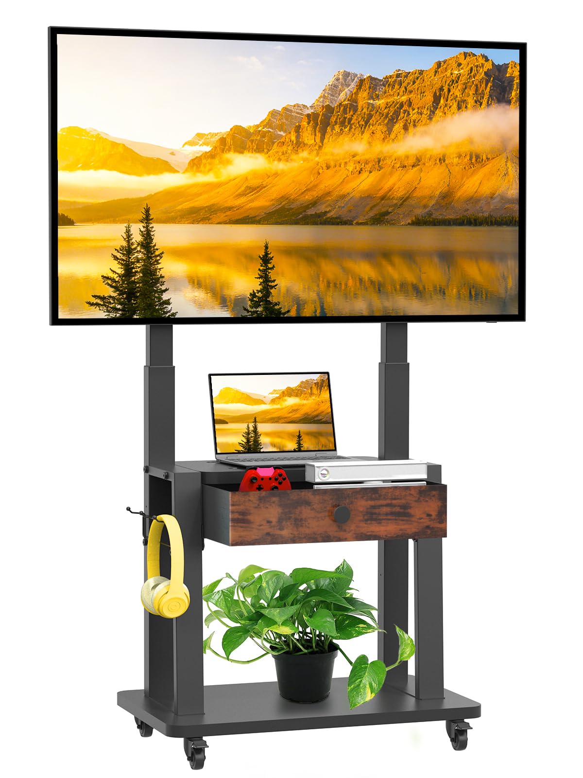 Soporte de TV enrollable con cajón de tela para pantallas planas/curvas de 32 a 75 Pulgadas, altura ajustable, LCD/LED/OLED con espacio de almacenamiento, carrito de TV móvil con ruedas de hasta 100kg