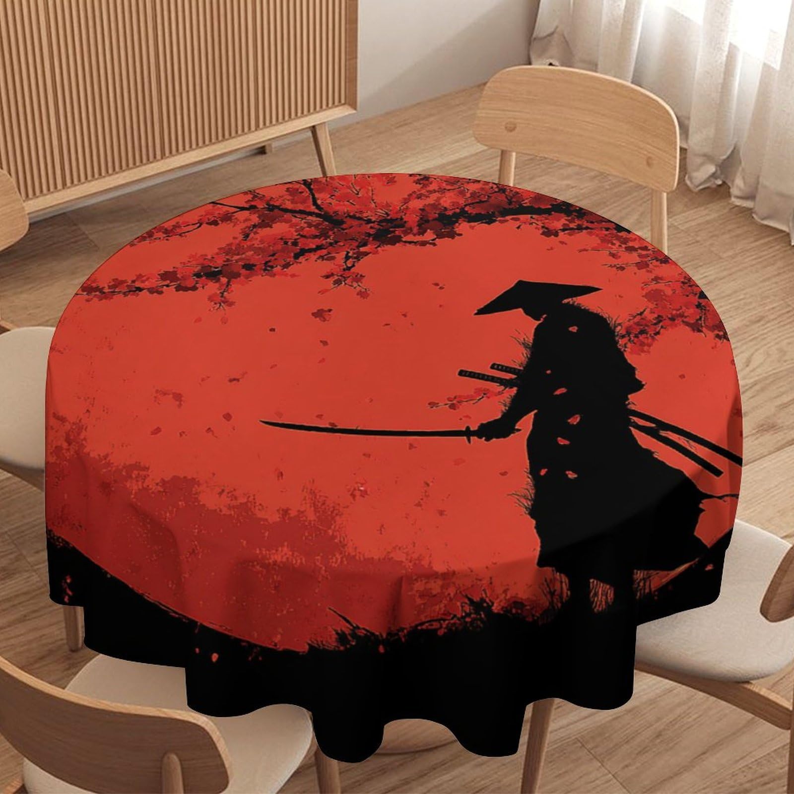 LUYYSKY Cute Ink Painting Japanese Samurai Round Tablecloth Colourful Abstract Cherry Blossom Tree Red Sun Pattern Washable Decor for Table Cover for Kitchen-127 Wx127 L cm