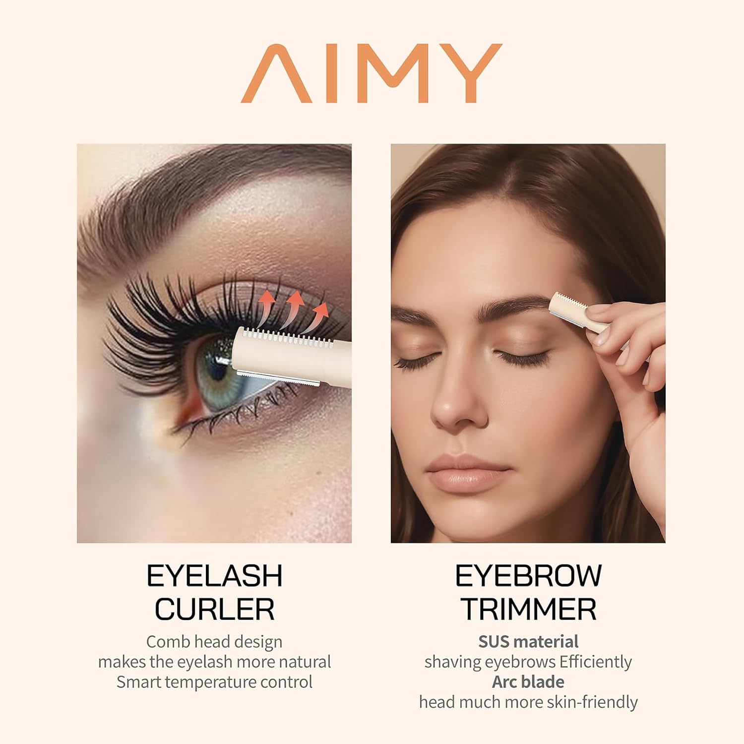 2-in-1 Heated Eyelash Curler and Eyebrow Trimmer for Women, Dual Temp, 10° Flex Head,Type-C Charging, Detachable Blades, Auto Off and Travel Lock, Ergonomic Comfort Design (LightApricot)