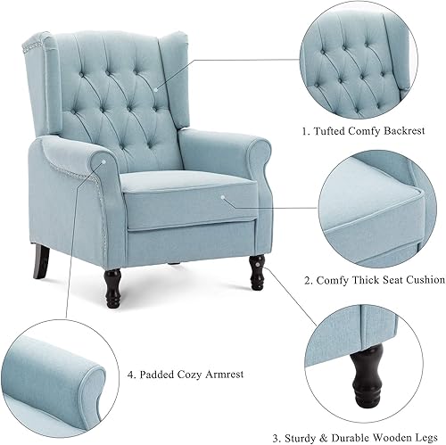 Miniatura 35 de Artechworks Silla moderna de tela alada, silla de club con brazo copetudo, sofá individual de lino con patas de madera, cómodo tapizado para leer,