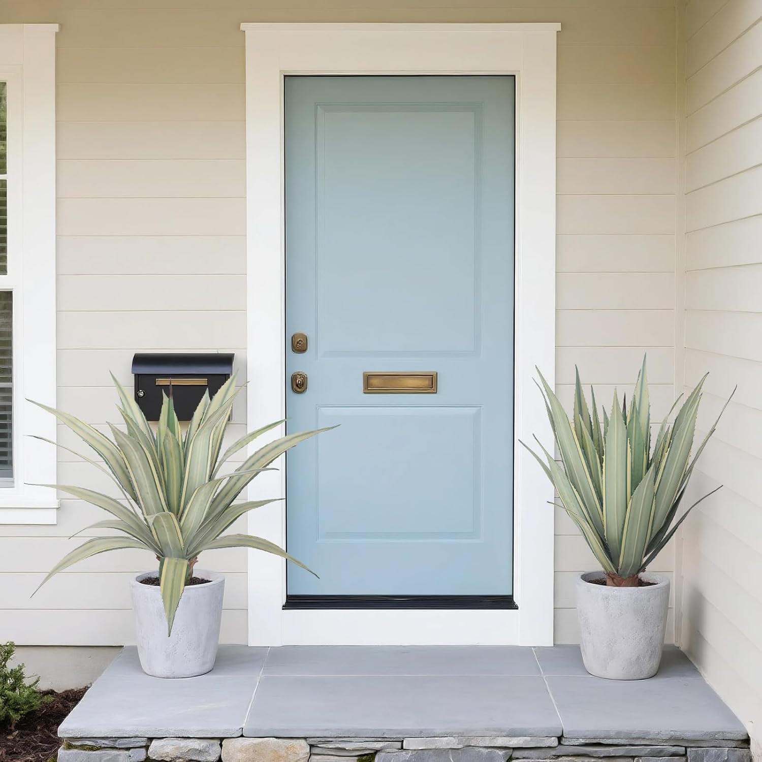 momoplant Artificial Agave Plant 30 Inch Tall Faux Agave Trees Set of 2 with Two Tone Sawtooth Edged Leaves for Front Porch Patio Indoor Outdoor Home Office Decor