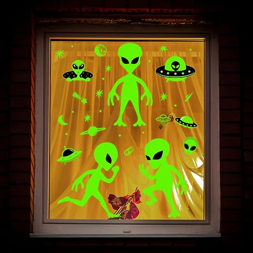 Miniatura 9 de Whaline 6 hojas de calcomanías de ventana de alienígena de gran tamaño, color verde, platillo volador, calcomanías de ventana con temática OVNI de