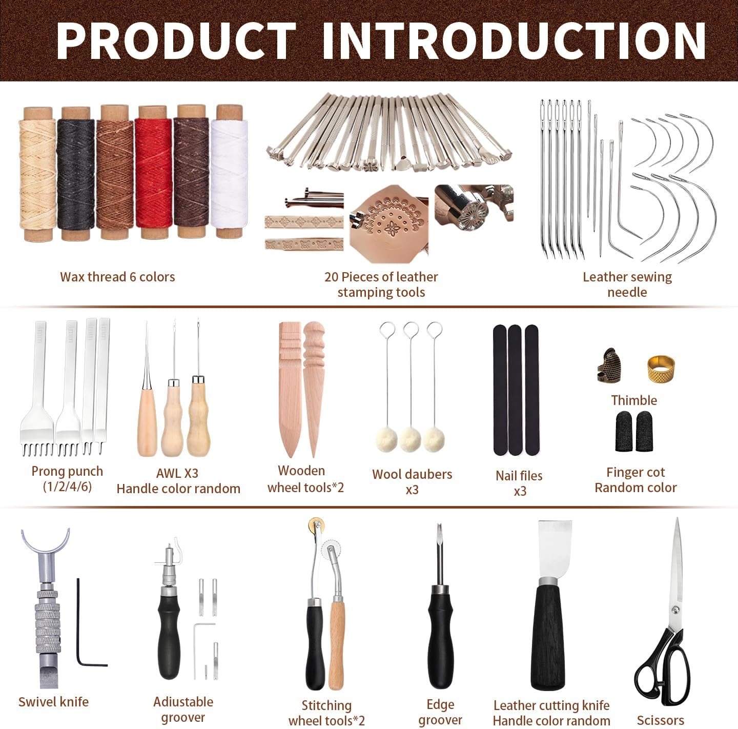 Leather Working Tools Kit, with Portable Leather Storage Bag, Engraving Punching Sewing Stamping Sanding Tools, Ideal for Crafting, Repair & DIY Projects