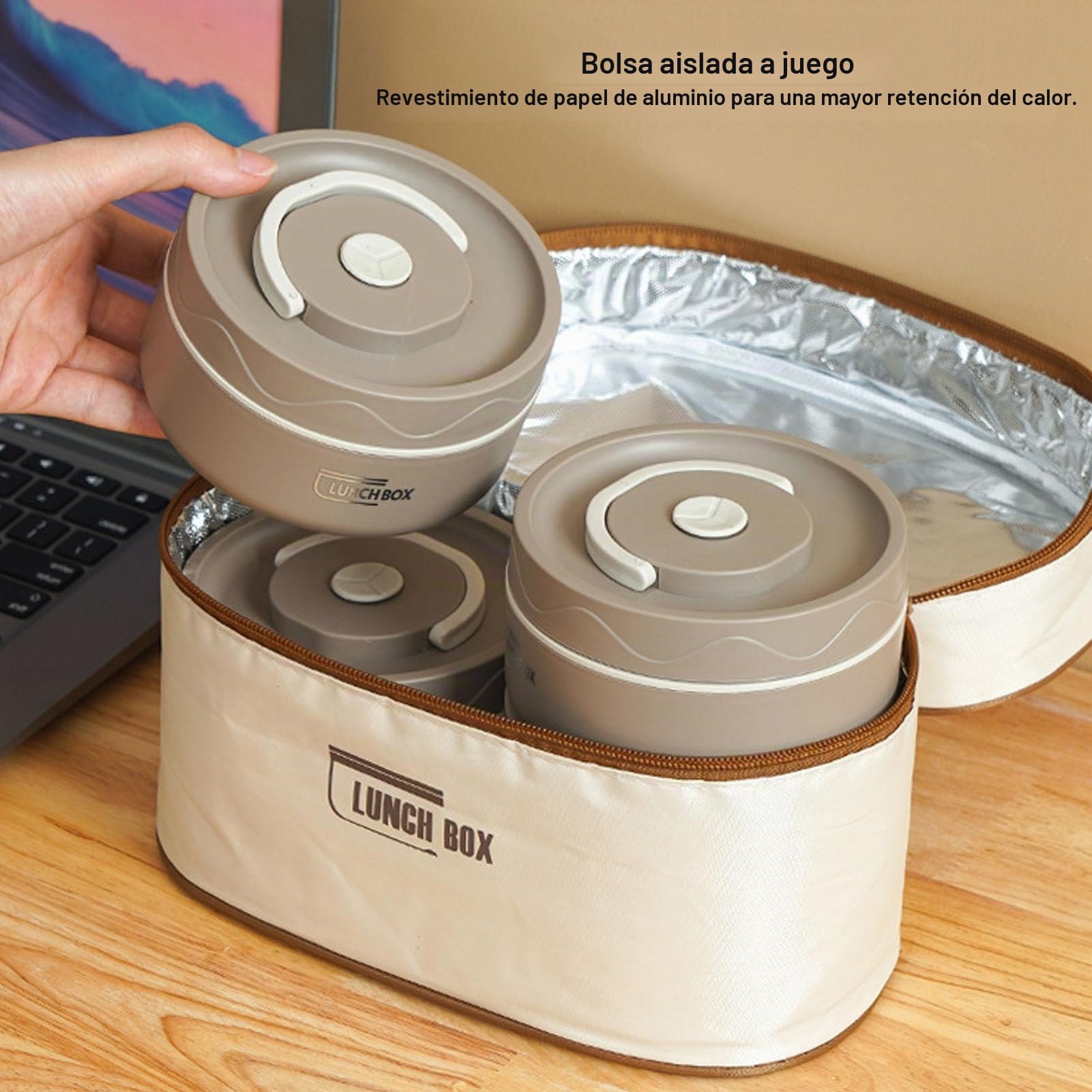 Tarro de Comida Aislado, Contenedor de Almuerzo Aislado de Acero Inoxidable 304, Lonchera Caliente Bento Al Vacío Portátil a Prueba de Fugas con Tapa y Bolsa Térmica, Termo (4