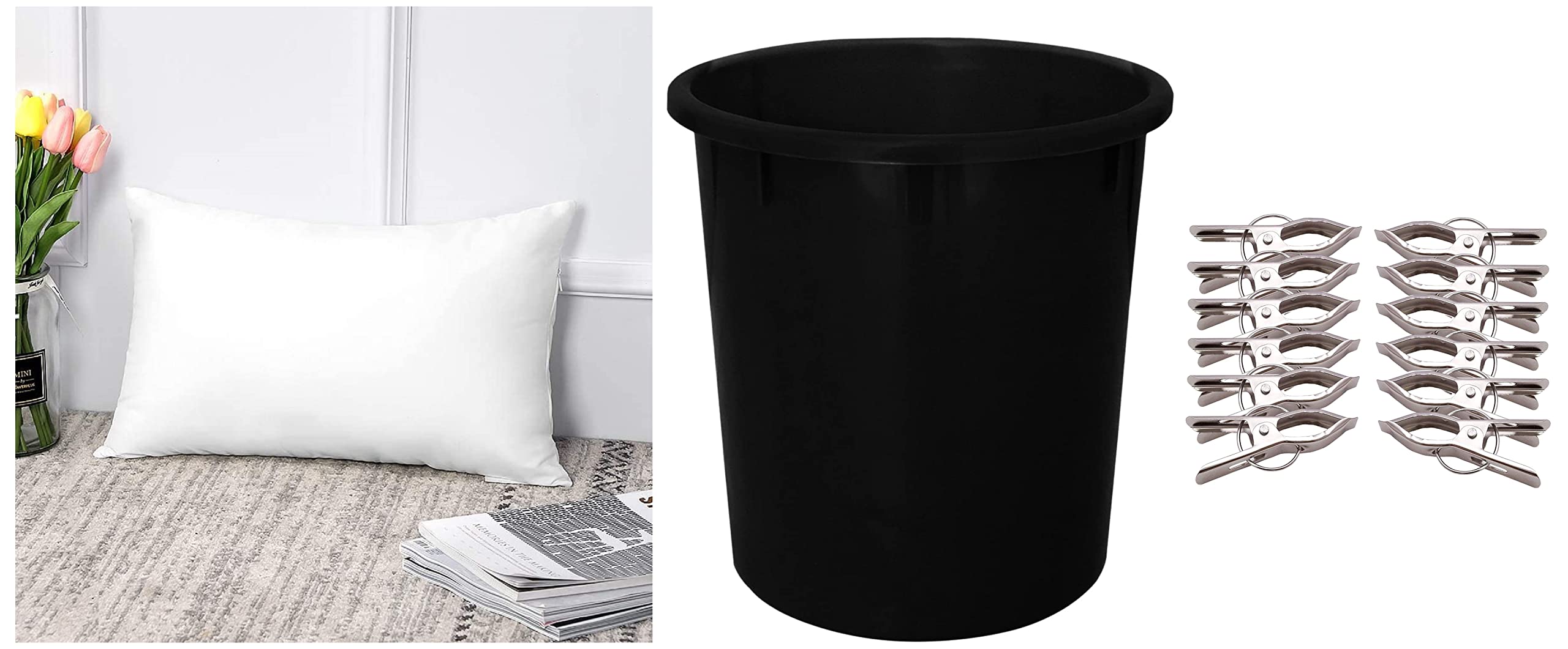 Kuber Industries Luxurious 1 Piece Microfibre Pillow Filler & Plastic Open Dustbin, Garbage Bin & Stainless Steel Cloth Drying Pegs/Clips