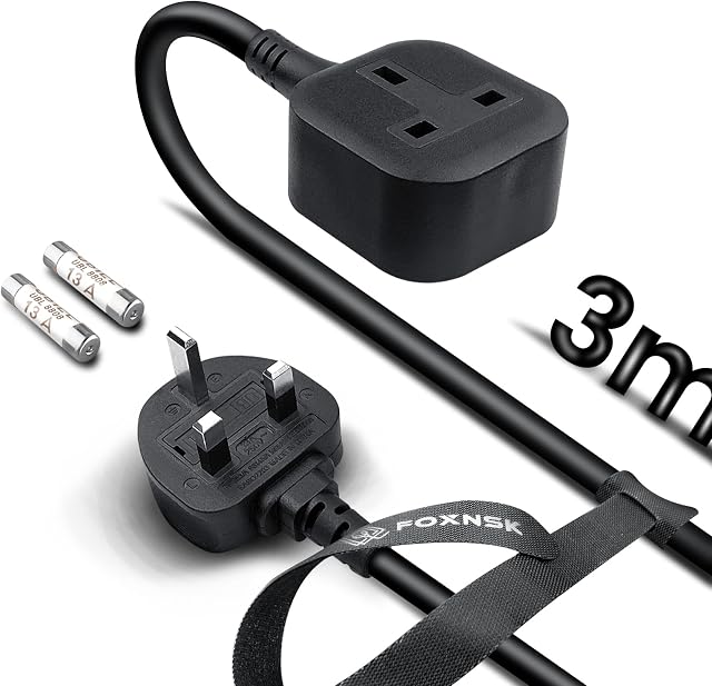 Single Extension Lead 3M, 1 Way Gang Single Socket Extension Lead, 13amp 250V 3kw UK 3 Pin Fused Mains Single Plug Extension Lead, Rubber, Tough and Fireproof, Black