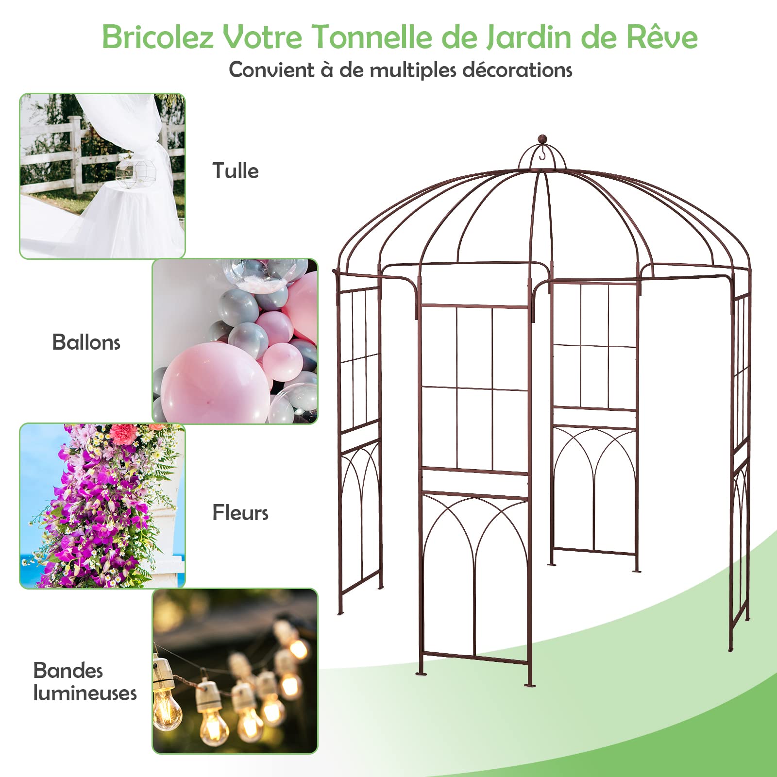 RELAX4LIFE Arche de Jardin en Métal pour Plantes Grimpantes, Voûte de Jardin en Forme de Cage à Oiseaux avec 8 Tubes de Pieds, pour Mariage/Commémoration/Fête d'anniversaire, 211X211X256CM, Bronze