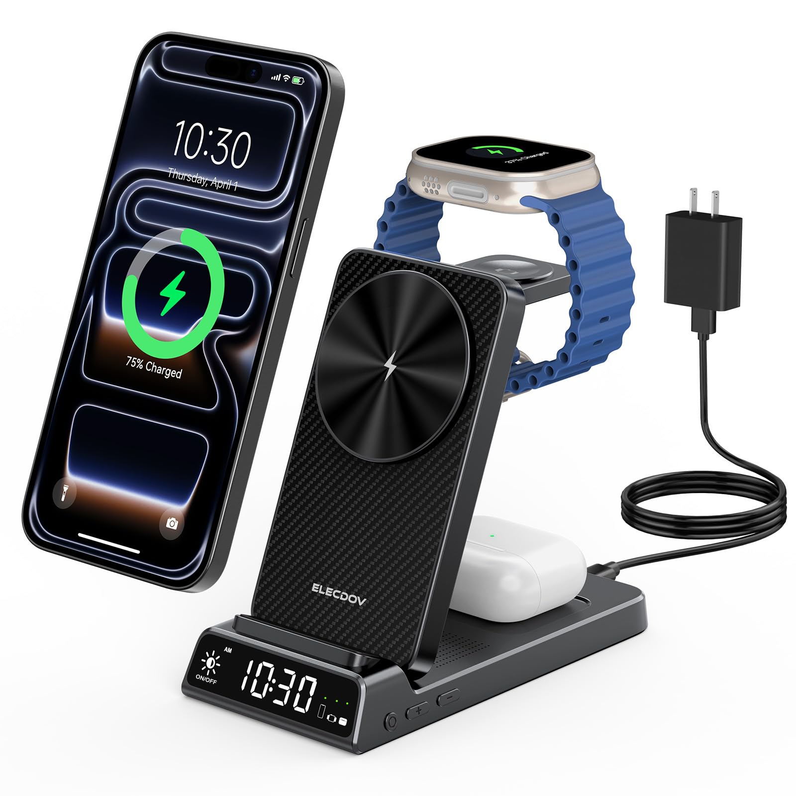 Chargeur sans Fil pour Apple, Station de Charge magnétique 3 en 1 avec Horloge, Support de Charge sans Fil de Voyage Pliable pour iPhone 17/16/15, Chargeur de Montre pour iWatch 10 (Fibre de Carbone)