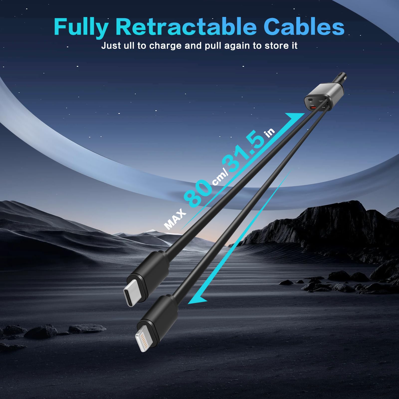 Caricatore da auto retrattile, ricarica rapida 4 in 1 con doppio cavo retrattile, adattatore USB-C e USB-A per auto per iPhone 17 16 15 14 13 Pro Max, Samsung Galaxy, Pixel, dispositivi Android