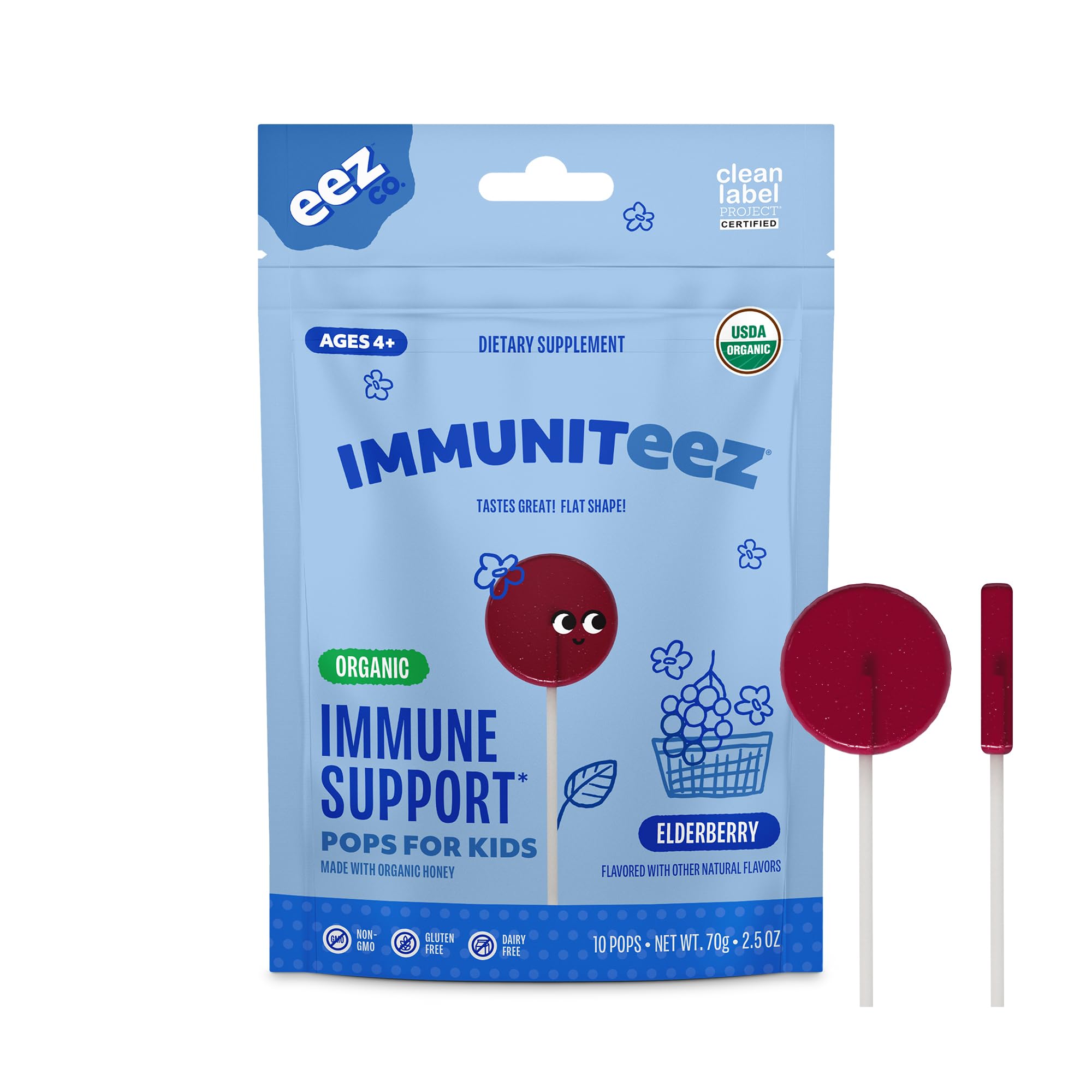 Immuniteez Organic Elderberry Lollipops for Kids - Immune Support with Vitamin C, D, E, Zinc and Organic Honey - Gluten Free Kids Vitamins - 10 Count Bag
