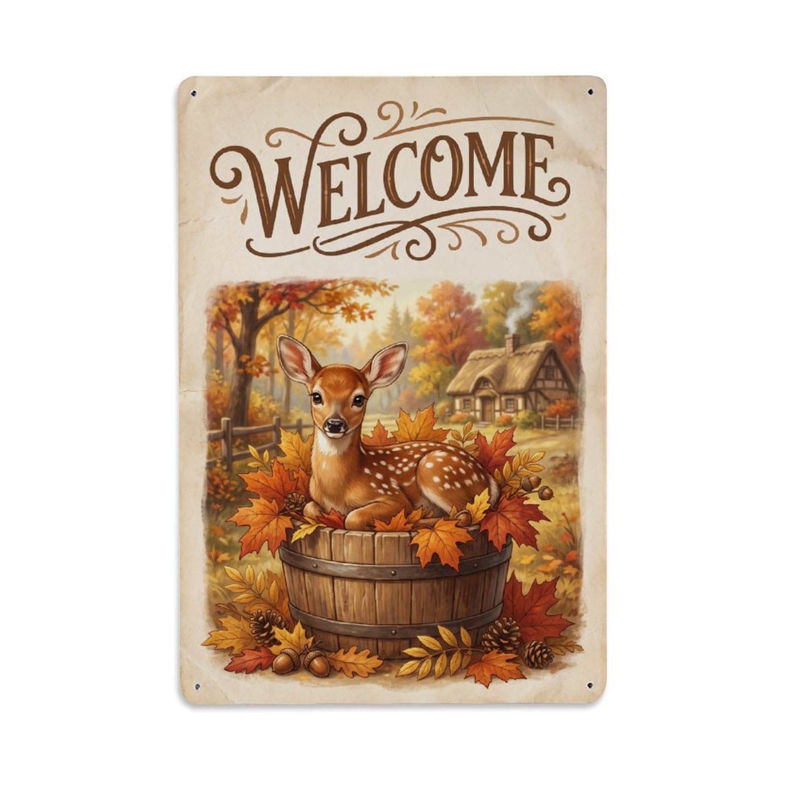 Cxhjca 8X12inch(20X30cm) Vintage Welcome Deer Happy Home Metal Tin Sign