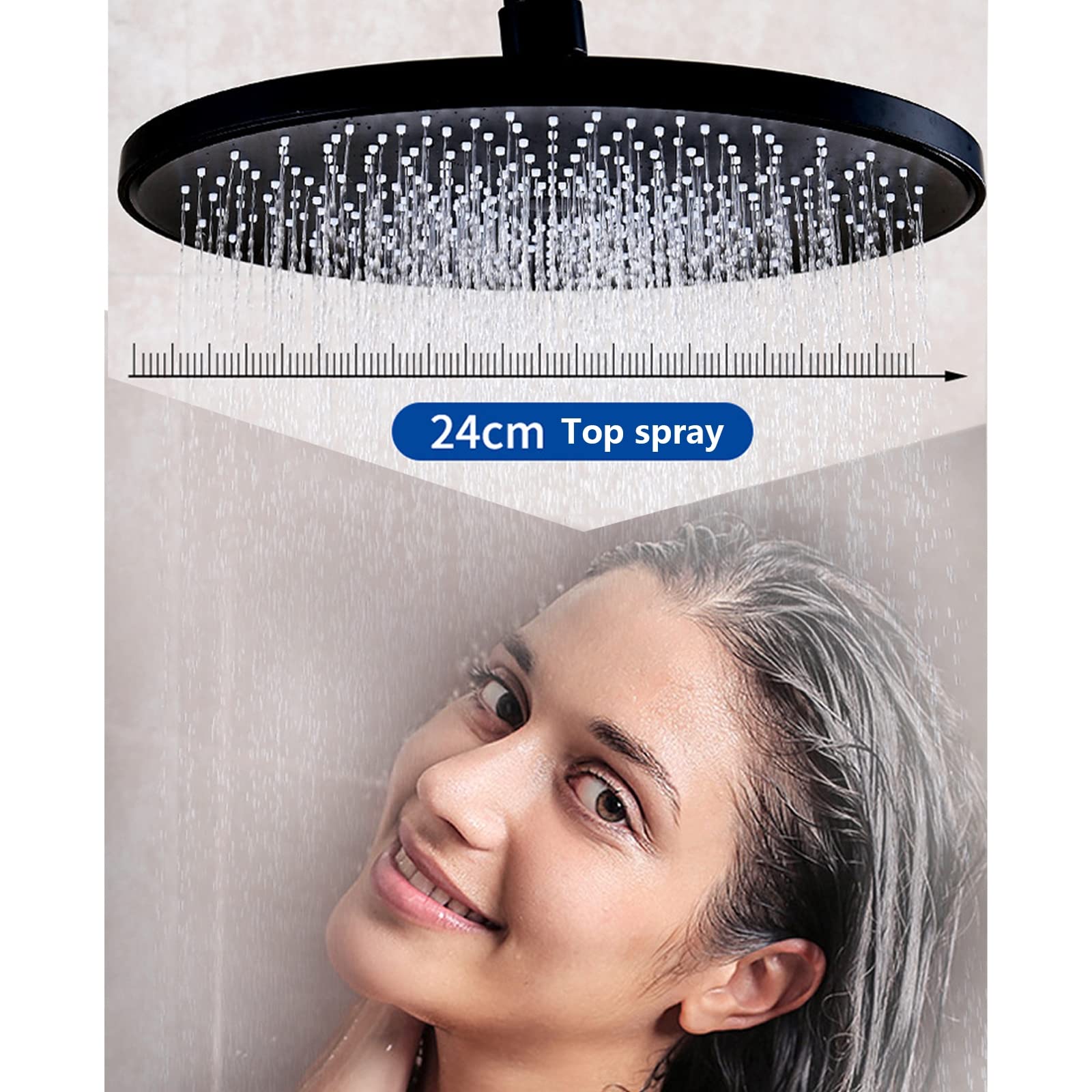 Set Doccia con Beccuccio Vasca A Cascata, Sistema Doccia Termostatico Nero Colonna Doccia con Soffione Doccia A Pioggia E Doccetta A 3 modalità, Rubinetto Doccia Bagno in Ottone,Nero