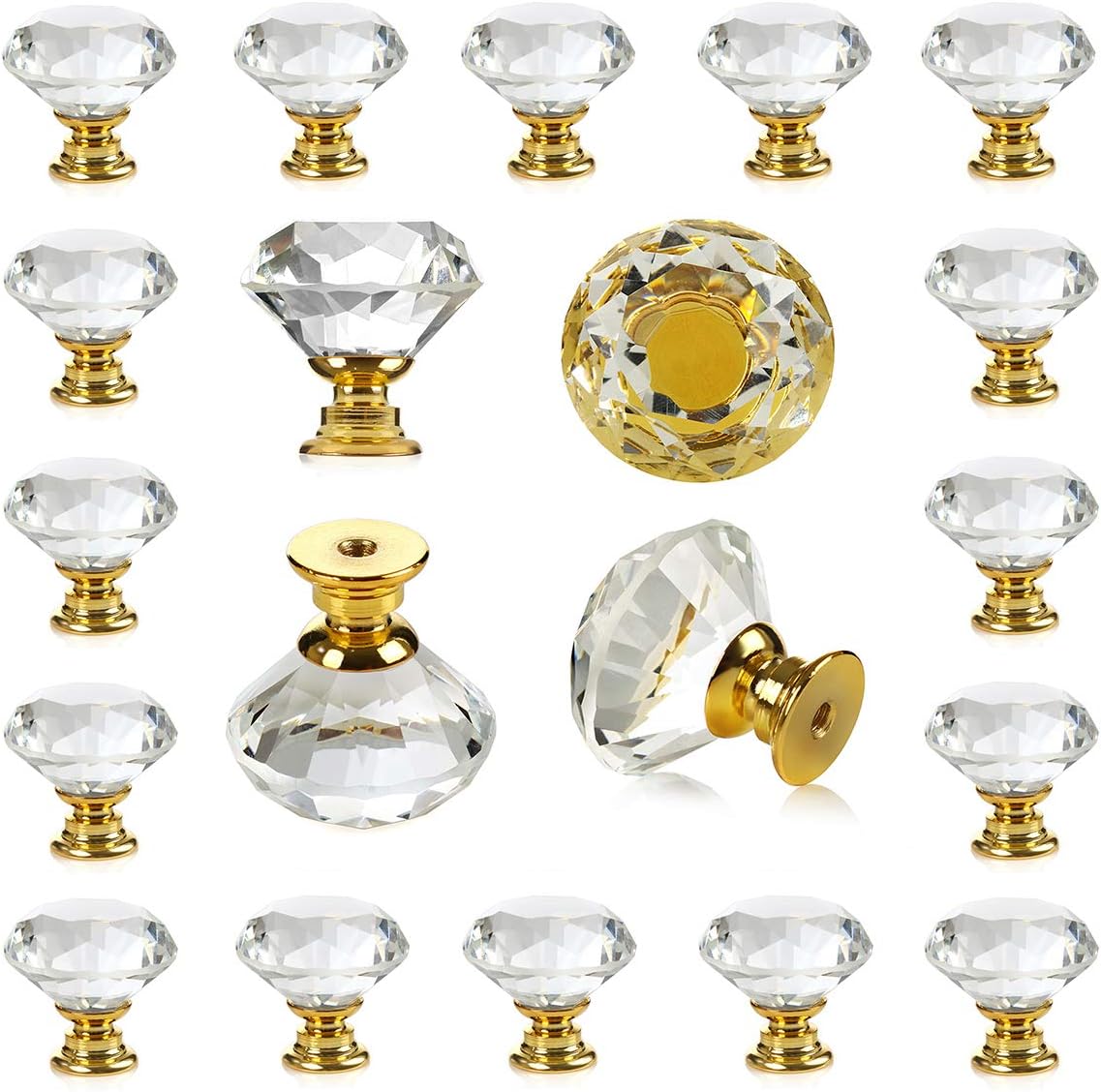 DEELF 26 Packs Kitchen Cabinet Knobs, 30 mm Crystal Cabinet Knobs Diamond Dresser Handle Drawer Pulls, Dresser Knobs for Cabinets and Drawers, Gold Base