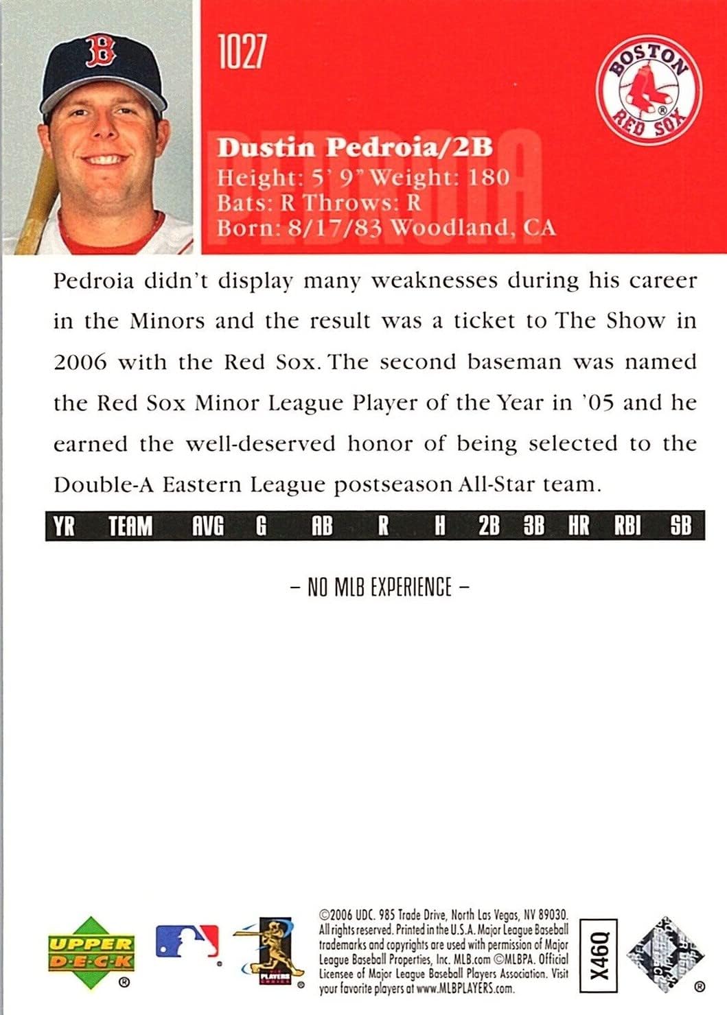 2006 Upper Deck # 1027 Dustin Pedroia (RC) Boston Red Sox Rookie Baseball Card - RARE ROOKIE CARD - Shipped in Protective Display Case !