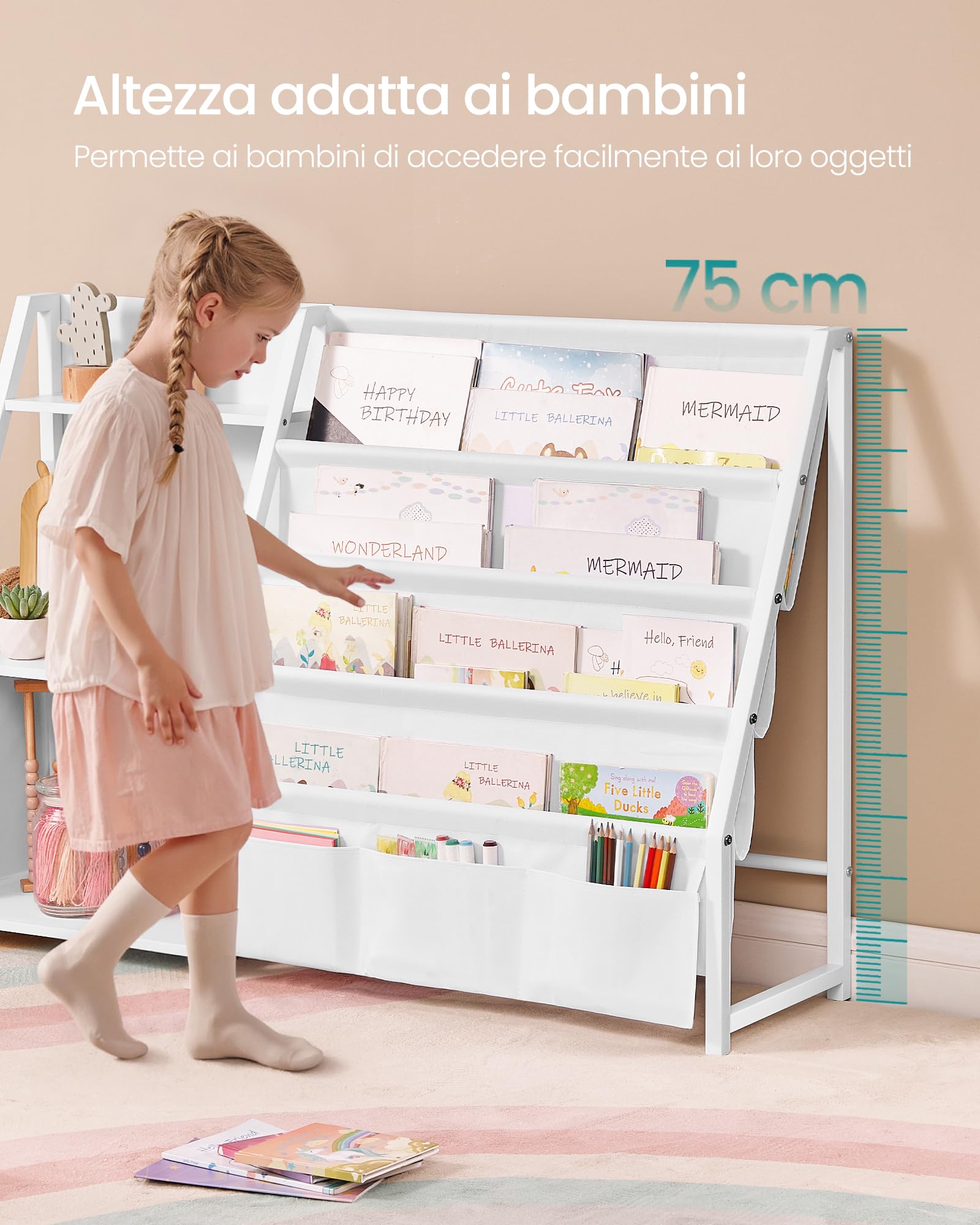 SONGMICS Libreria per Bambini, Scaffale per Giocattoli, Mobile Cameretta, Portagiochi, con Tasca Laterale, Alto 75 cm, Cameretta per Bambini, Stanza dei Giochi, Bianco GKR024W01