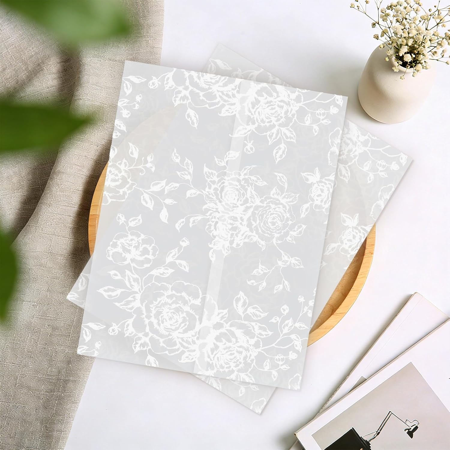 Vellum Jackets for 5x7 Envelopes for Invitations Wedding Envelopes Vellum Paper Kit Sleeves Pre-Folded Floral Wraps Jacket Wildflower for Craft (White Rose, 100)