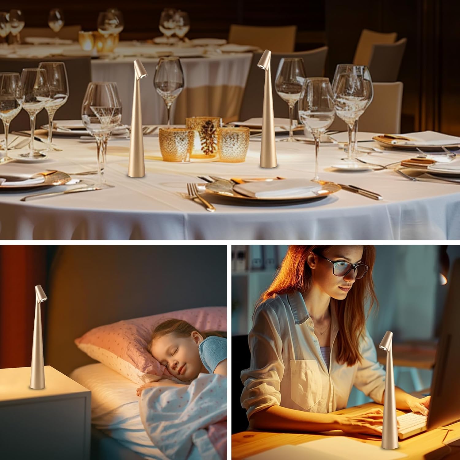 Cordless Small Table Lamps,3 Levels Brightness Portable Desk Lamp,Rechargeable Battery Lights for Outdoor, Restaurant, Bedside, Baby Night Light,Gifts(Gold)