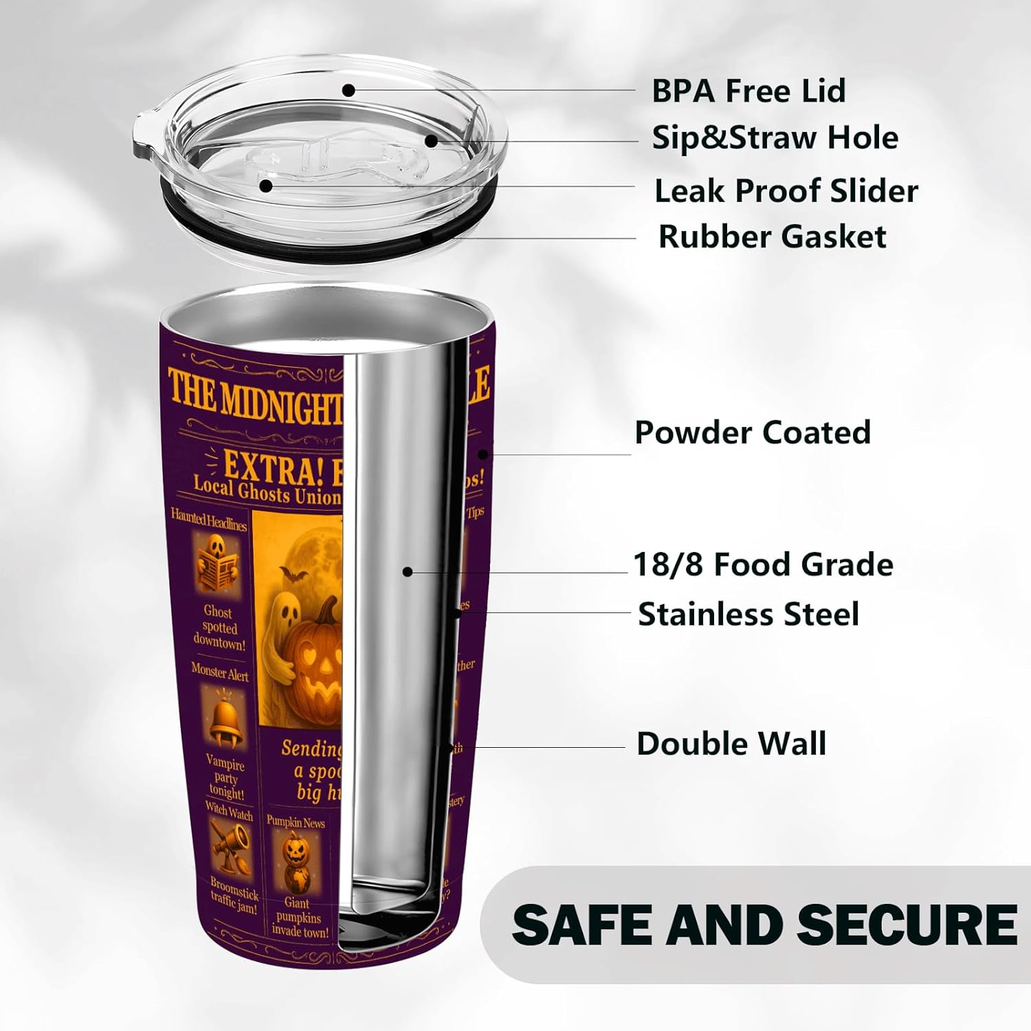 Halloween Tumbler 20 oz, Insulated Stainless Steel Coffee Mug with Lid & Straw, Pumpkin Ghost Festive Travel Cup, BPA-Free Halloween Gifts for Women, Men, Teens, Party, Office - Image 5