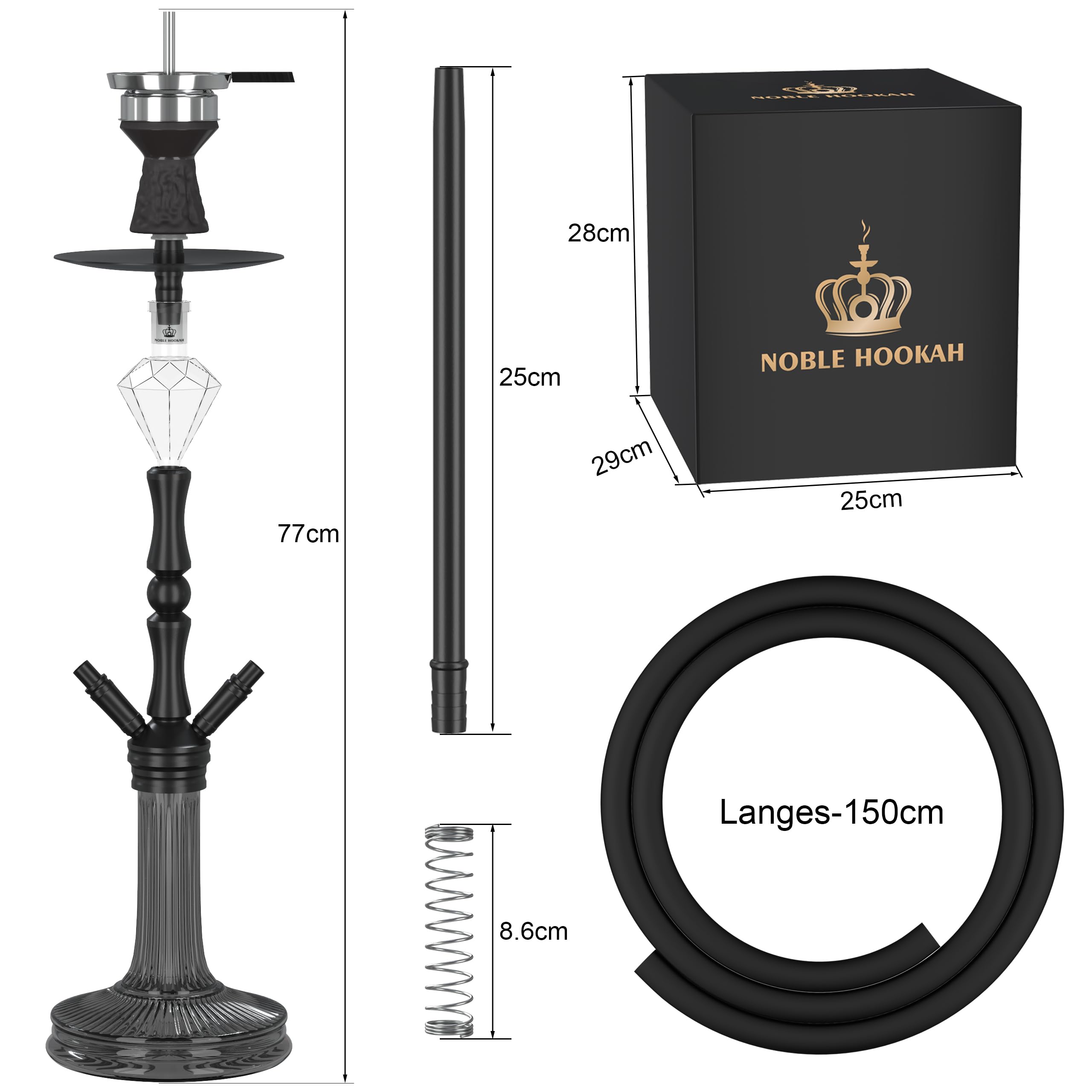 NOBLE HOOKAH 77cm Shisha Set 2 Schläuche aus Aluminiumrohr mit 2 Anschlüssen und komplettem Shisha Zubehör - Shisha Kopf, schöne Glasvase, Melassefänger, 2 Schläuche und Griff (Schwarz)
