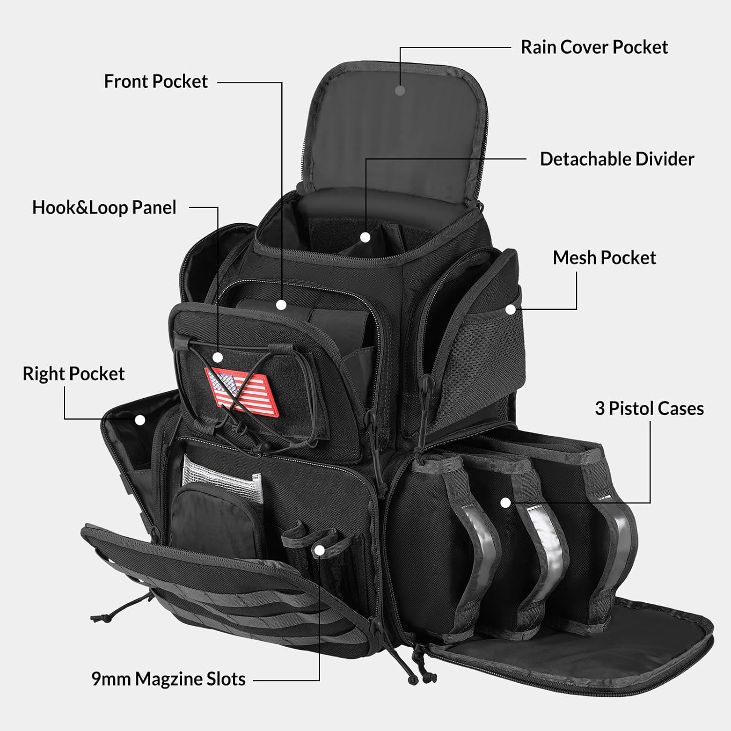 VOTAGOO Tactical Range Backpack for Handguns and Ammo, Gun Cases Bag with 3 Pistol Carrying Cases for Hunting Shooting (Black)