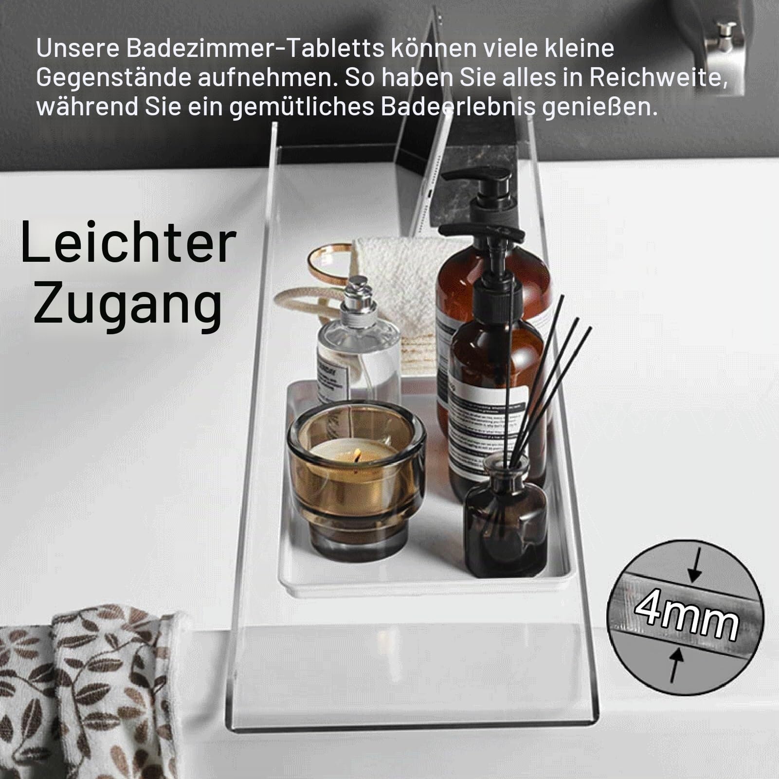Acryl-Badewanne, durchsichtige Badewannenablage, Tisch zur Aufbewahrung von Seifen, Telefonen, Handtüchern, Kerzen(Transparent,70cm (27 1/2)