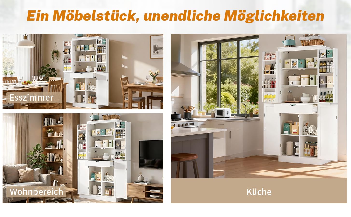 Armario de cocina de 182 cm, armario alto con 4 puertas y 1 cajón, armario de 6 compartimentos, 4 estantes ajustables y estantes para puertas, armario de almacenamiento para cocina (blanco, B)