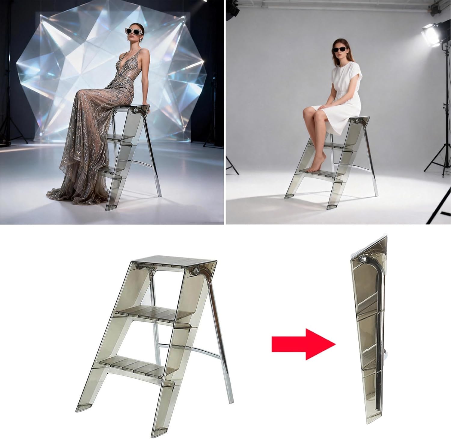 Acrylic Folding Step Stool Portable Three-Step Ladder Silicone Non-Slip Feet L44xW52xH63cm Plastic Step Stool Triangular Chrome-Plated Support for Wardrobes Home Bathroom