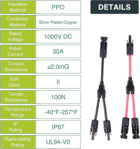 Miniatura 6 de Brightfour Conectores de panel solar Y rama 30A, divisor solar 10 AWG, conectores paralelos de panel solar 1 a 2 cables Kit de herramientas de