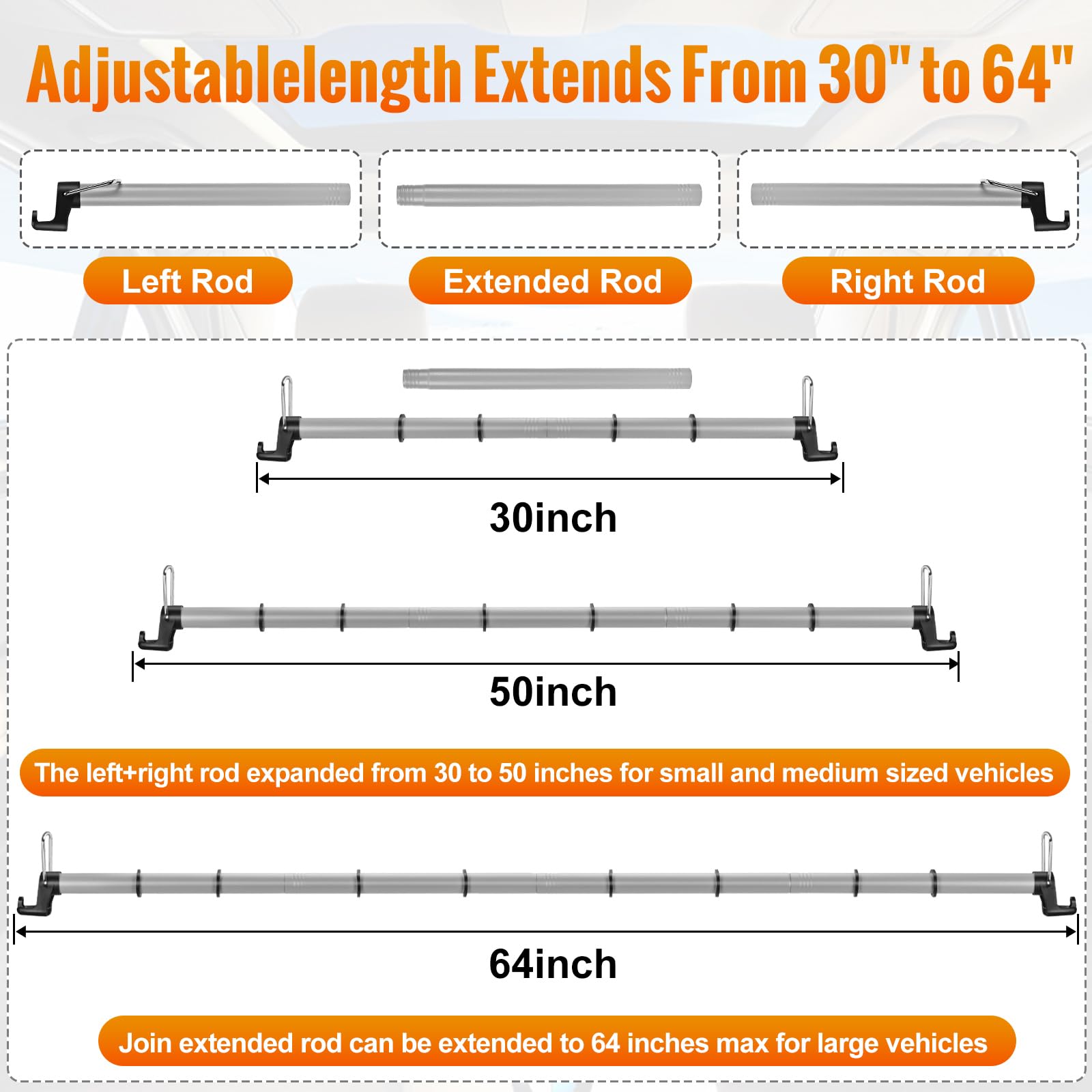 Car Clothes Hanger Bar Heavy-Duty Wrinkle Free Clothes Rack for Car Adjustable 30-64 Inches Automotive Travel Hangers for SUVs, Vans, Trucks, RVs (Gray)