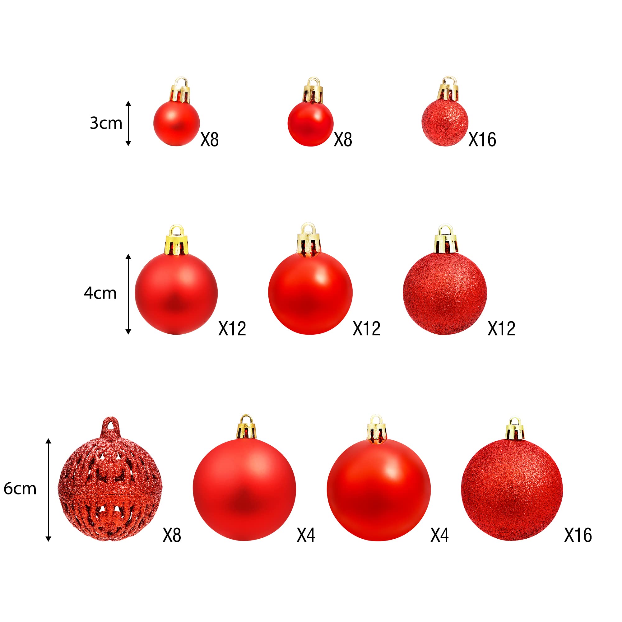 100 Boules De Noël Incassables BrizLabs - Rouge, 3-6cm, Mat, Brillant, Pailleté