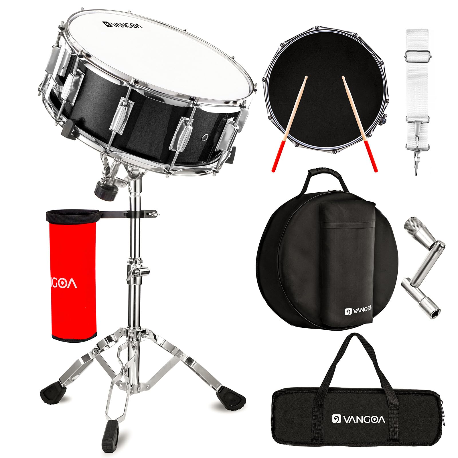 Vangoa Kit Rullante Batteria Con Supporto,14 Pollici,Tamburo Da Stadio,Rullante Da Marcia Per Principianti, Studenti, Bande Musicali 14 X 5,5"Nero
