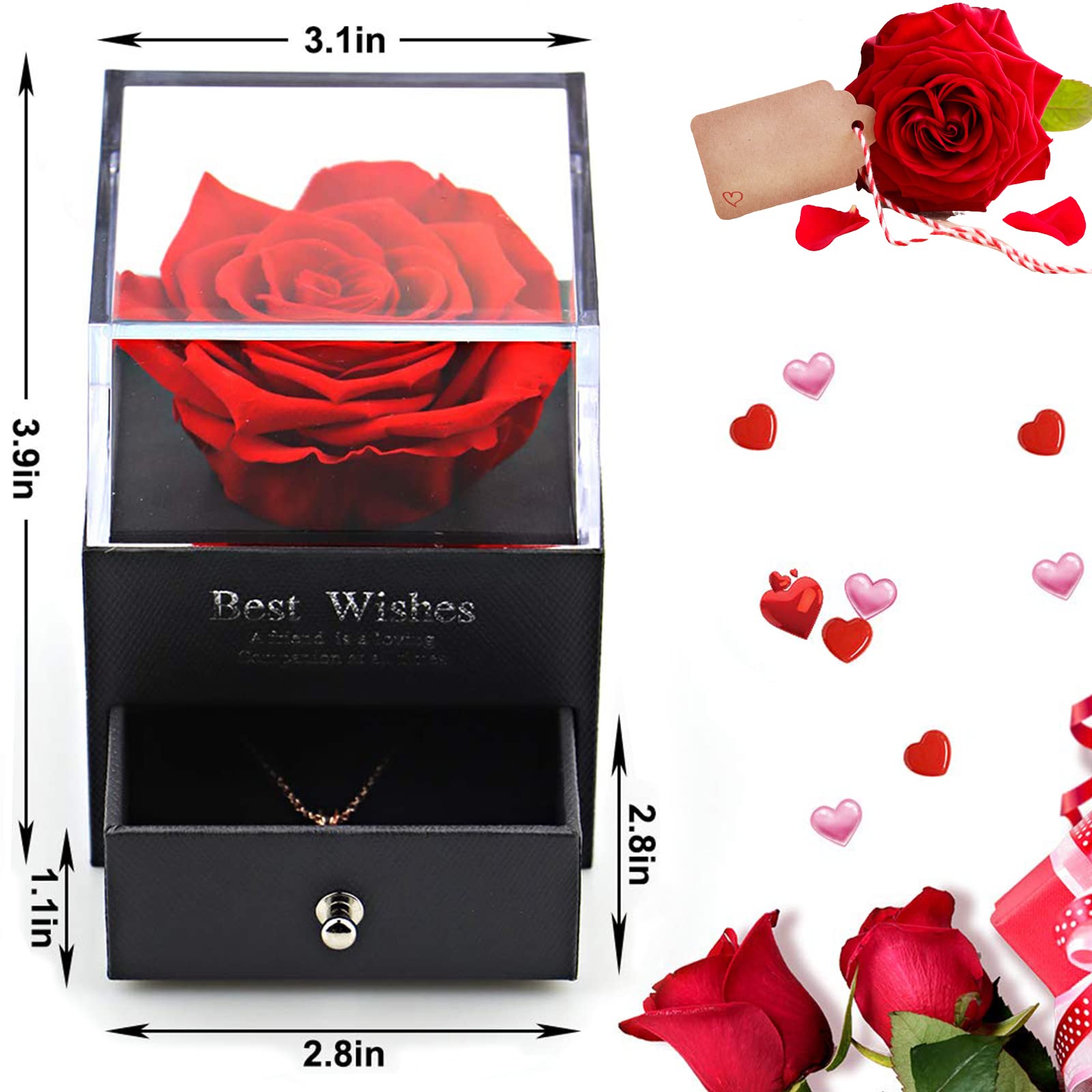Rosa Preservada Real Roja Con Collar 'I Love You' - Regalo Eterno Para Mamá, Esposa, Novia