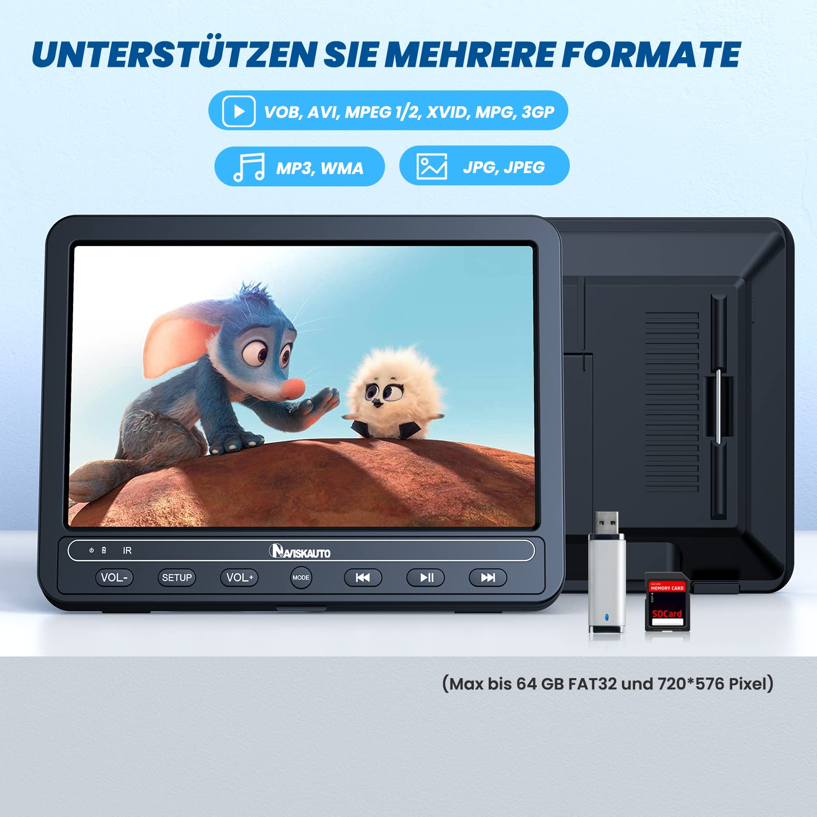 NAVISKAUTO 10,5'' DVD Player Auto 2 Bildschrime Mit 2 Kopfhörer 5 Stunden Akku, Auto DVD Player 2 Monitore Kopfstütze Fernseher Kinder TV Last Memory USB AV In/Out 12V