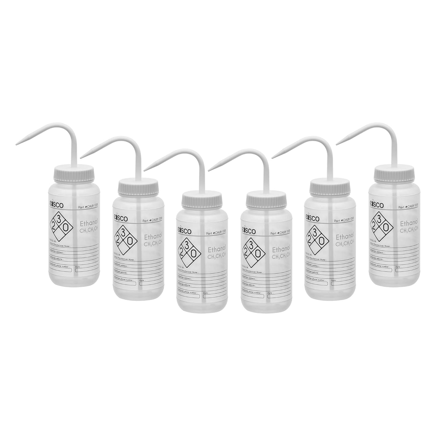 EISCO 6PK Wash Bottle for Ethanol, 500ml - Labeled with Color Coded Chemical & Safety Information (2 Color) - Wide Mouth, Self Venting, Low Density Polyethylene Labs