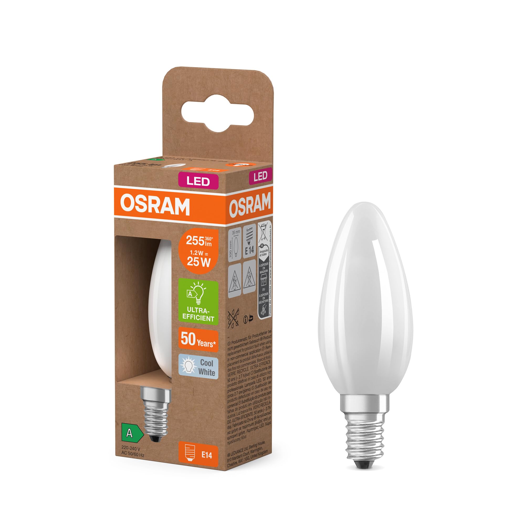 OSRAM nella classica forma Edison, con filamento LED decorativo, classe di efficienza energetica A, E27, 2,2 W, 470 lm, 4000 K, bianco freddo. luce immediata al 100%. Sfarfallio basso.