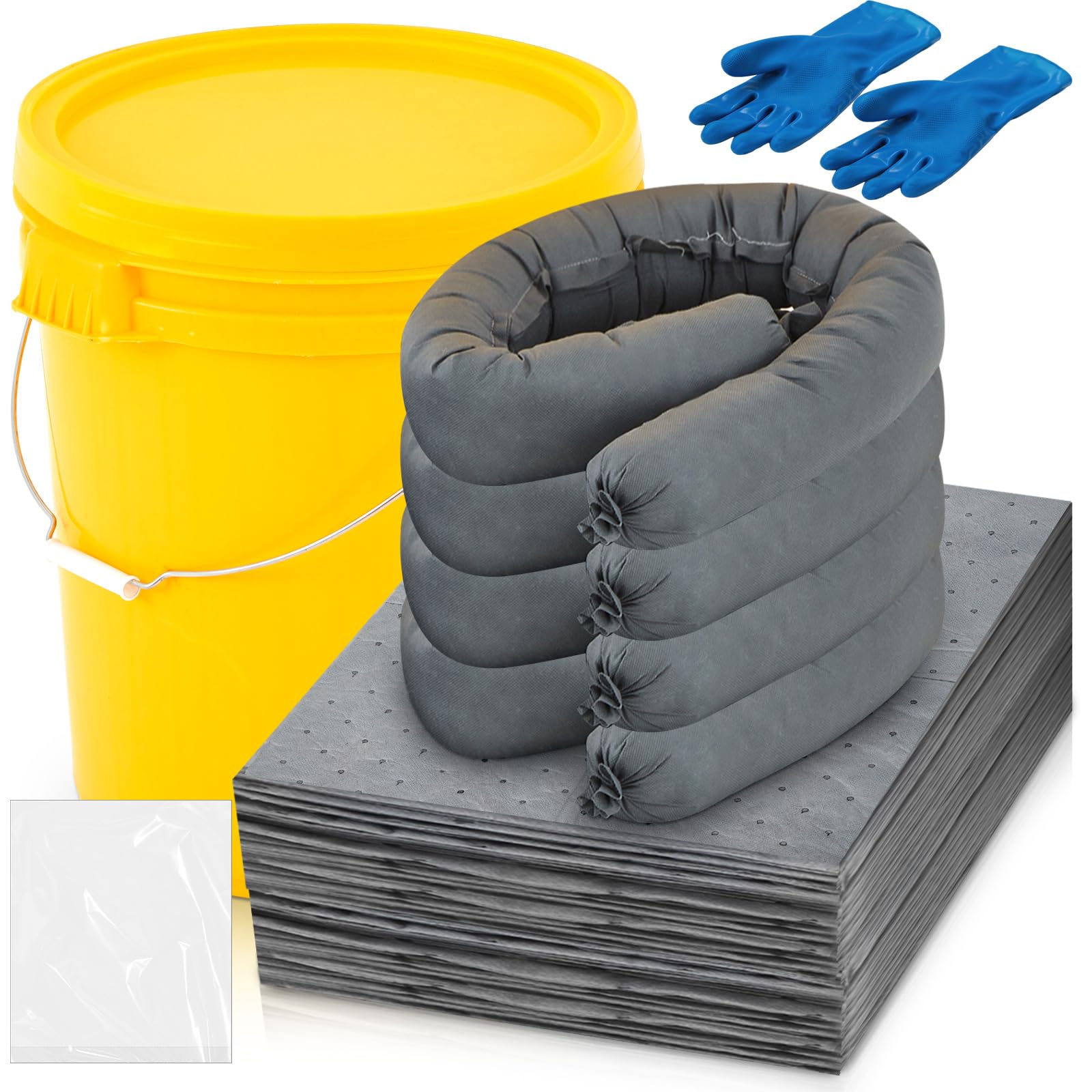 DoubleFill 41 Pcs Universal Spill Kit Portable Complete 9-Gallon Spill Kit, Absorbs Oils Water and More, Yellow Bucket, 30 Absorbent Pads, 4 Pcs 3" x