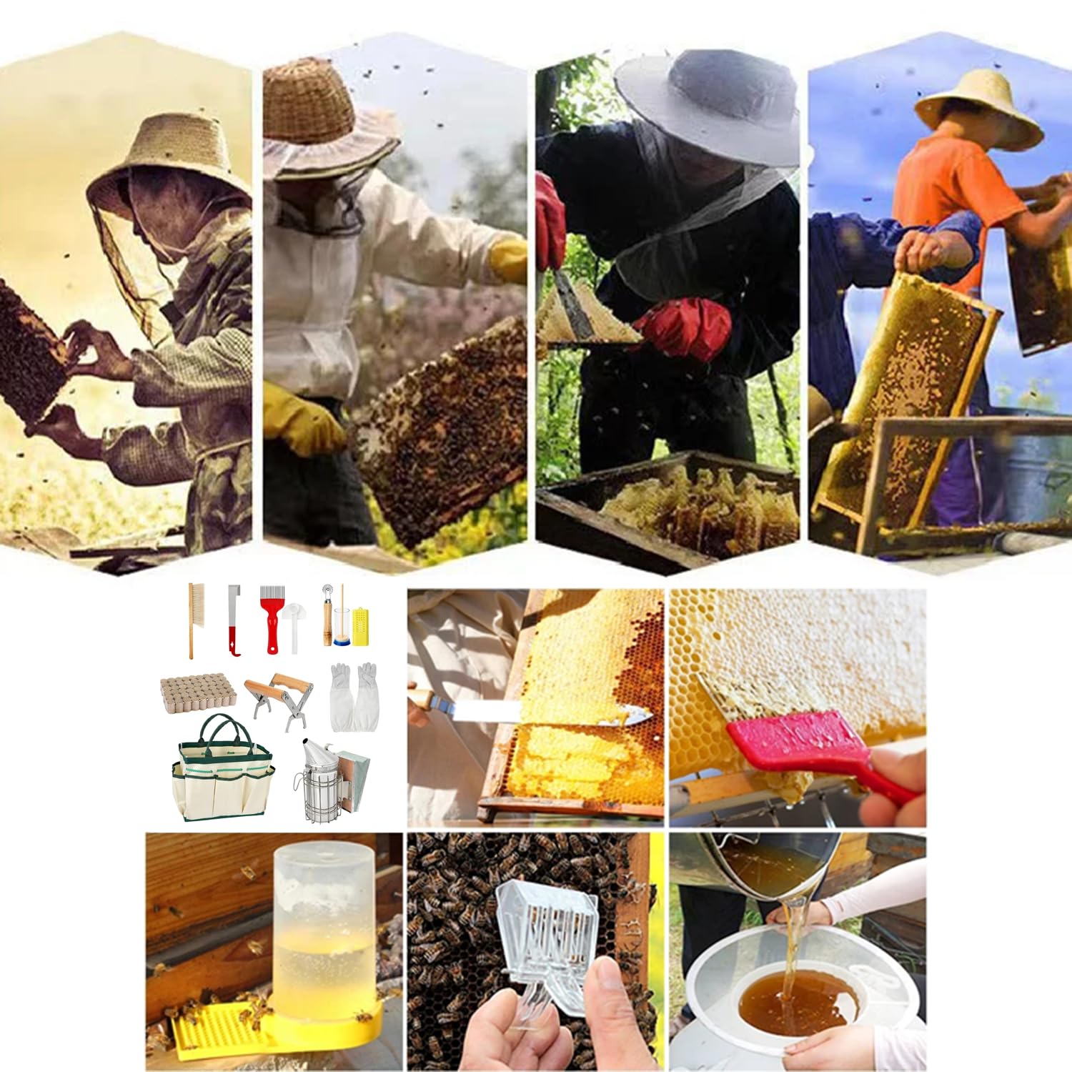 Kit d'Outils d'Apiculteur Materiel 12 Pièces,Apiculture Materiel,Outils Et Accessoires Apicoles,Comprend Une Brosse à Abeilles,Un Crochet En j,Etc.,Convient Aux Apiculteurs Professionnels Débutants