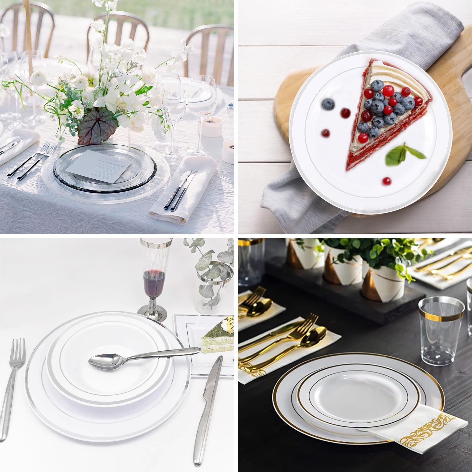 Lot de 40 assiettes en plastique blanches de 26 cm - Réutilisables - Assiettes en plastique réutilisables - Assiettes de fête - Assiettes de fête - Assiettes en plastique (blanc & argent)