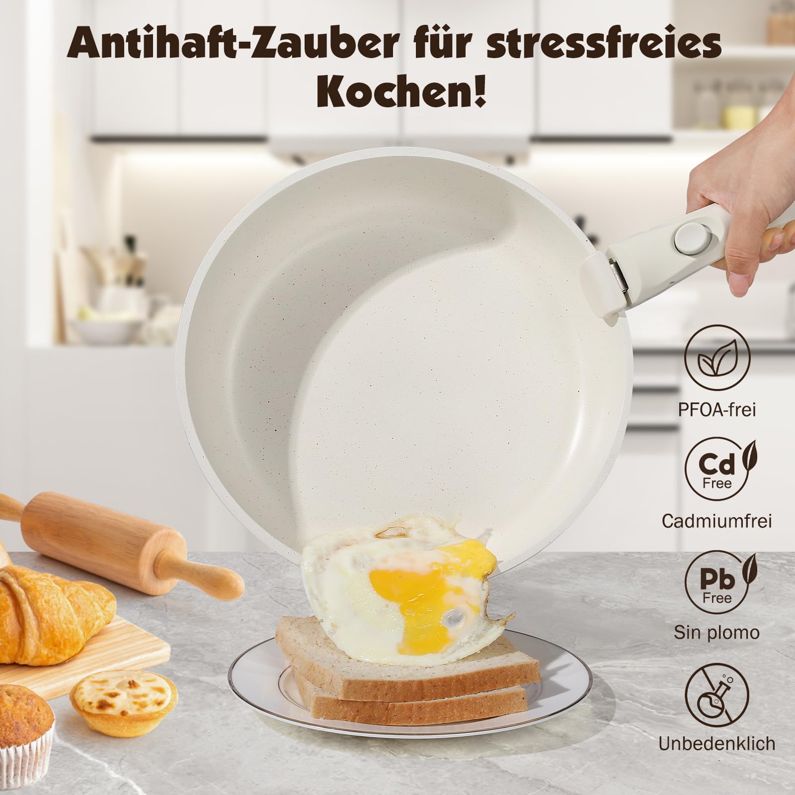 YASHE 21-teiliges Topf- und Pfannen-Set, antihaftbeschichtet, mit abnehmbaren Griffen und Glasdeckel, induktionsgeeignet, ofenfest, stapelbar, Weiß