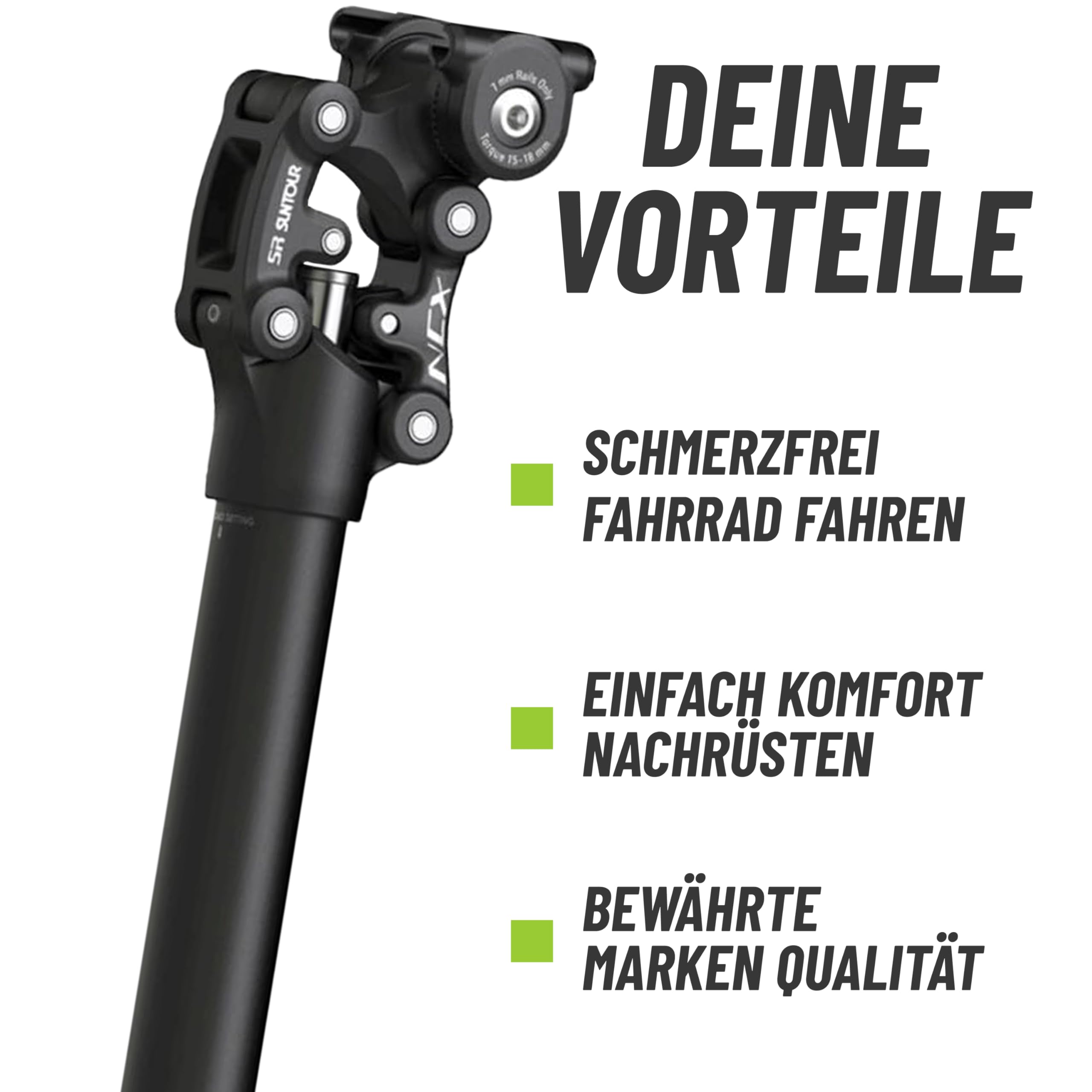 Suntour Federsattelstütze SP12/25-NCX Durchmesser 27,2mm/30,9mm/31,6mm, Länge 400mm,Gewicht 65-95kg, 95-120kg Parallelogramm inklusive Brunox Deo und MSZweirad Reflexband