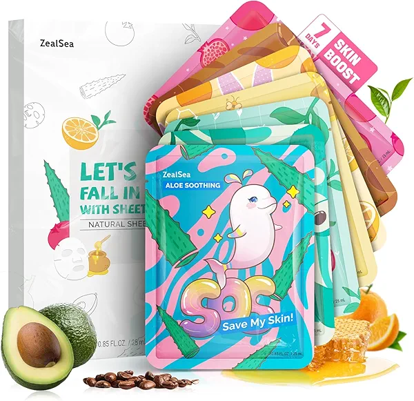 ZealSea Face Masks Skincare, Facial Masks for Women Skin Care, Sheet Masks Beauty with Natural Ingredients, Birthday Party Spa Gift for Kids Teens Girls, Hydrate and Soothe for All Skin Types 7 Pack