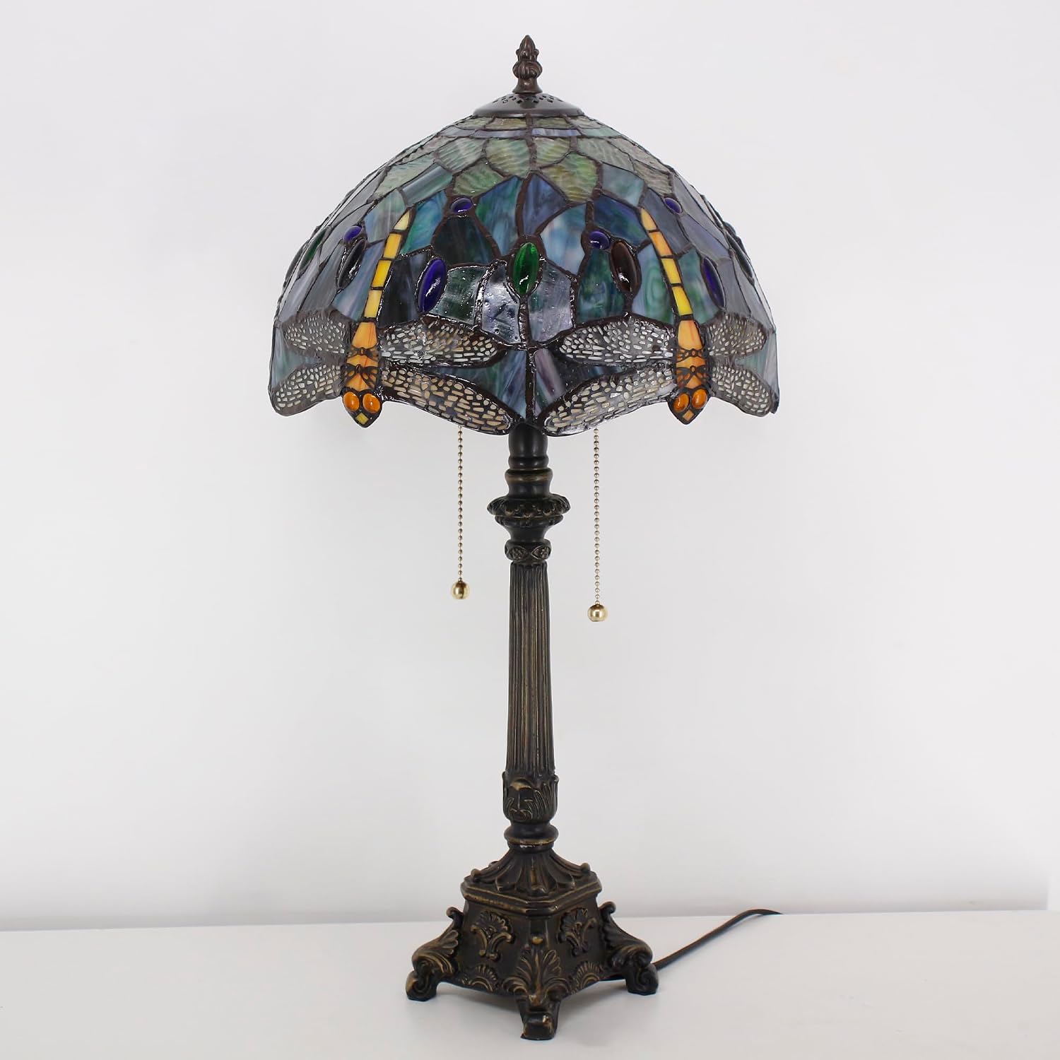 Tiffany Lamp Stained Glass Table Lamp Brown Yellow Dragonfly Style 12×12×21 Inches Desk Reading Light Bedroom Office
