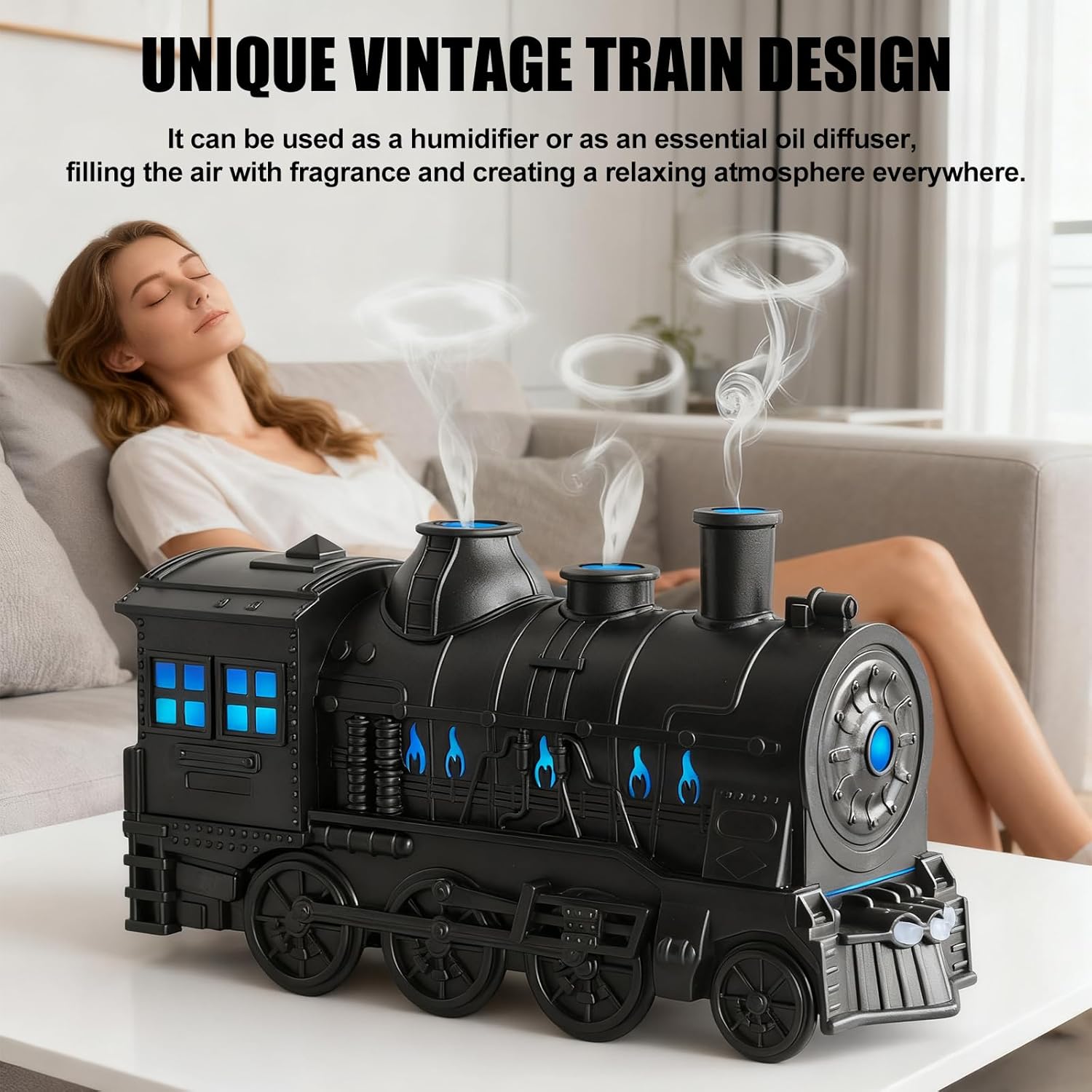 Jellyfish-Shaped Train Humidifier & Aroma Diffuser for Bedroom, 300ml Cool Mist Dual Outlet with 2/8H Timer, Essential Oil Diffusers for Kids Room, Office Desk, Nursery, Desktop Humidifier (Black)