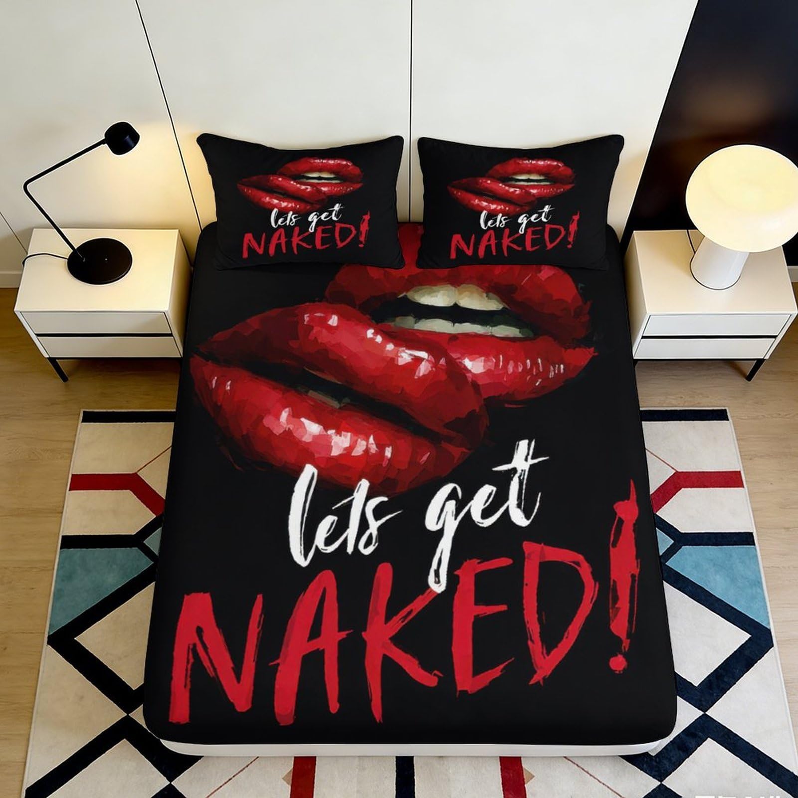 Uxinyoume Style-7 3D Printed Red Lips Fitted Sheet Microfiber Bedroom Decor Black Graphic Bed Cover For Adult Teen Mattress Protection 90X200x25cm